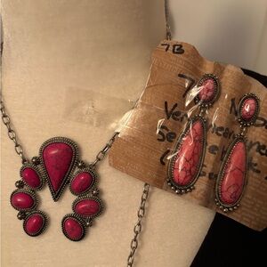 Pink Stone Statement Necklace and Earrings Set